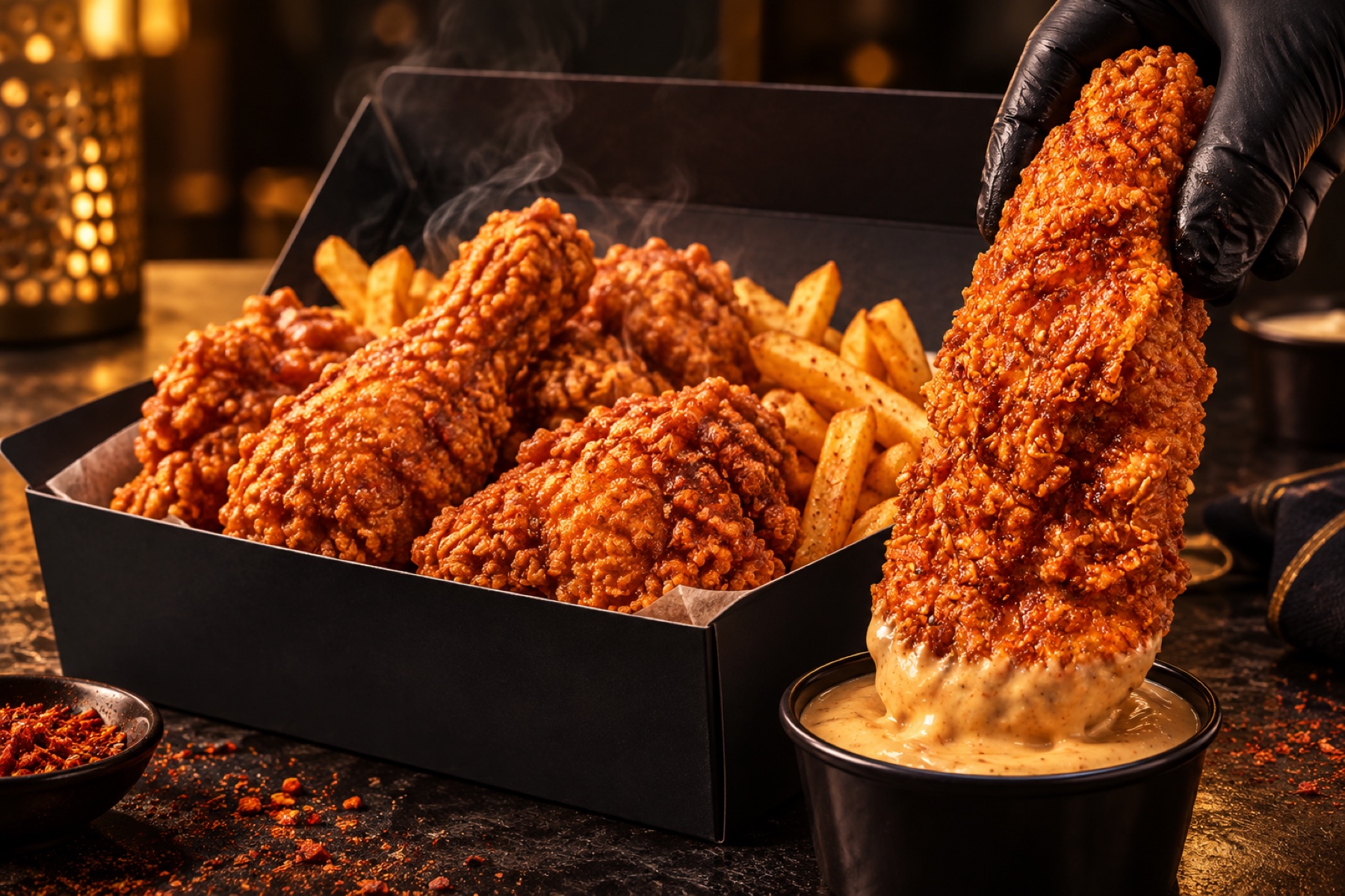 Crispy Red Sand gathering box with a chicken piece dipped in golden sauce