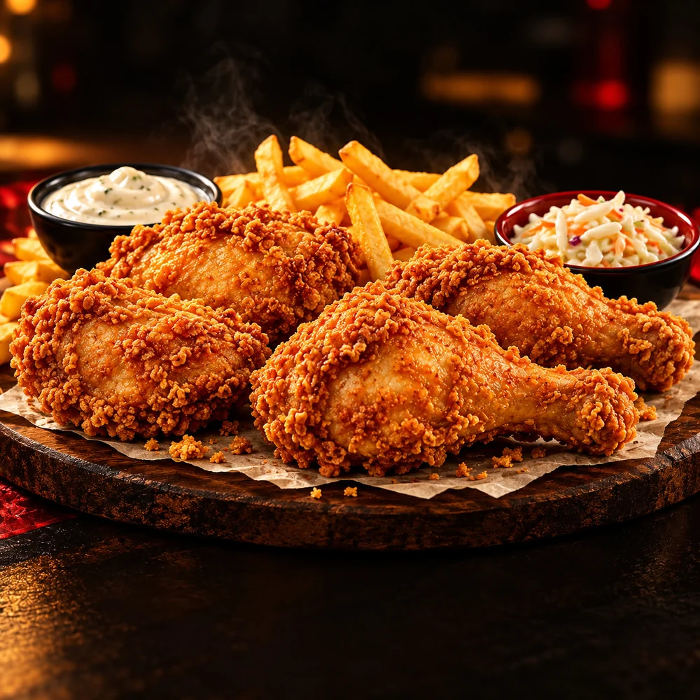 Broast half with fries, garlic, and coleslaw