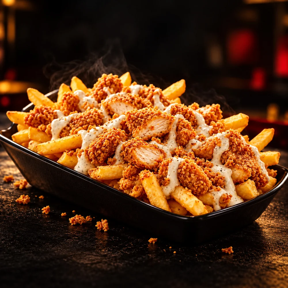 Crispy chicken pieces served over fries