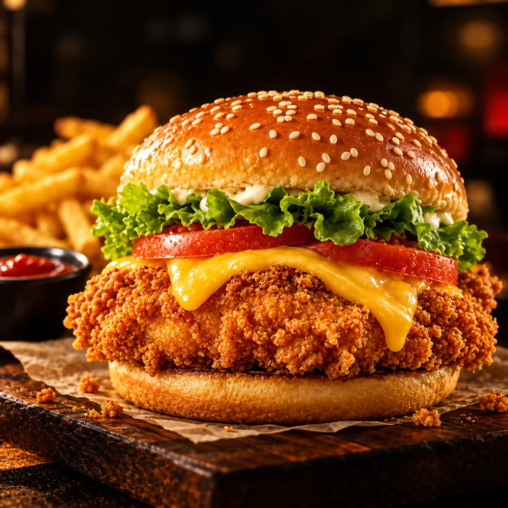 Chicken fillet burger with melted cheese