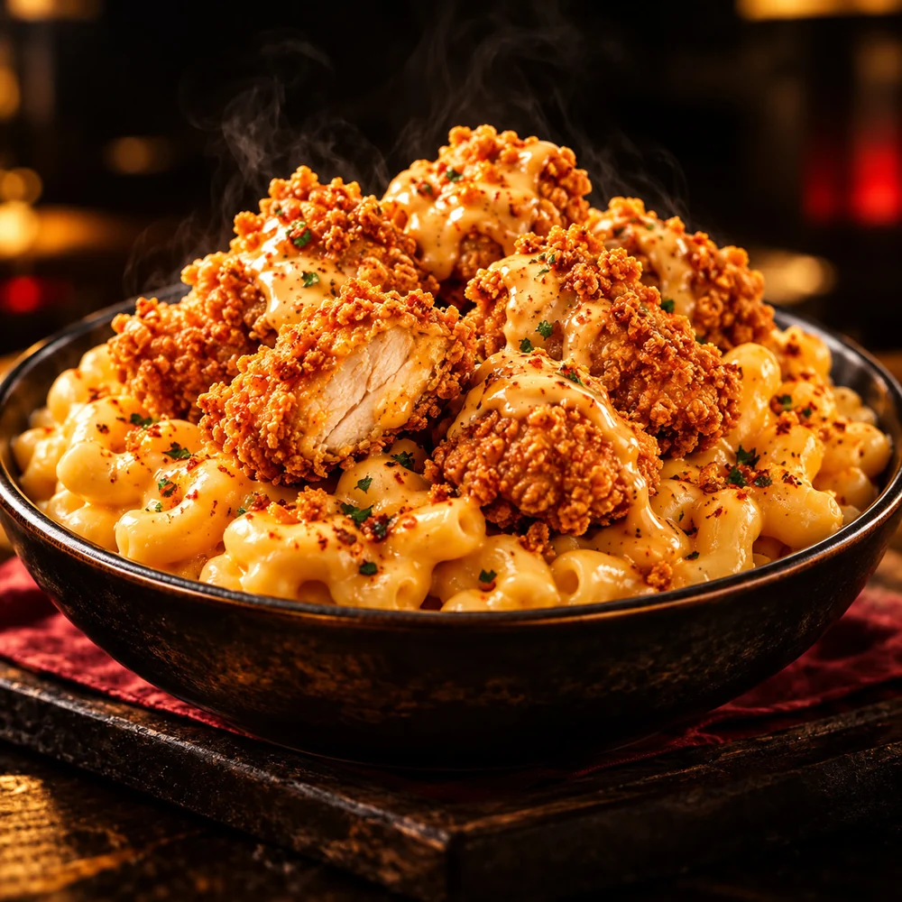 Crispy chicken bites with creamy macaroni and sauce