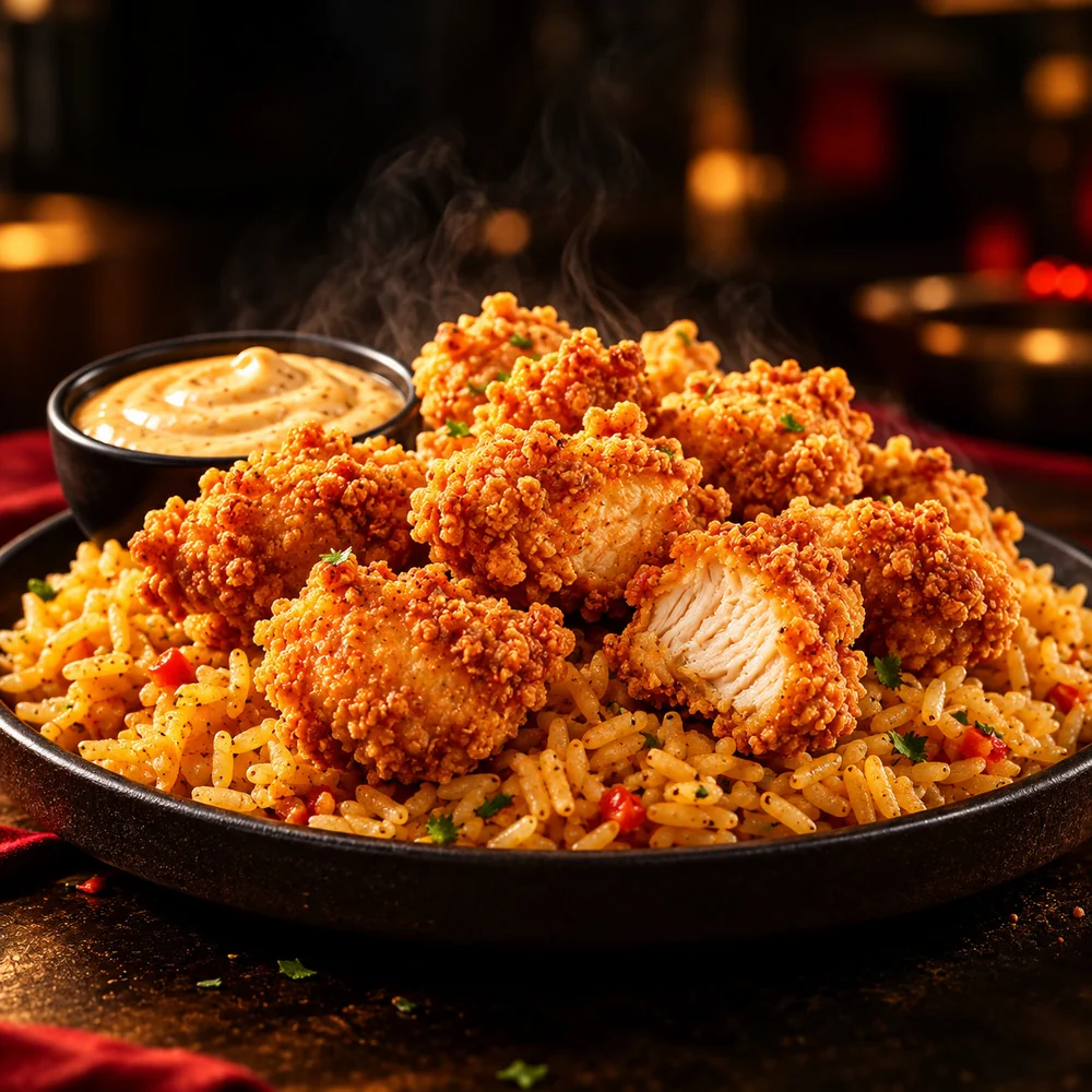 Crispy chicken bites with rice and signature sauce