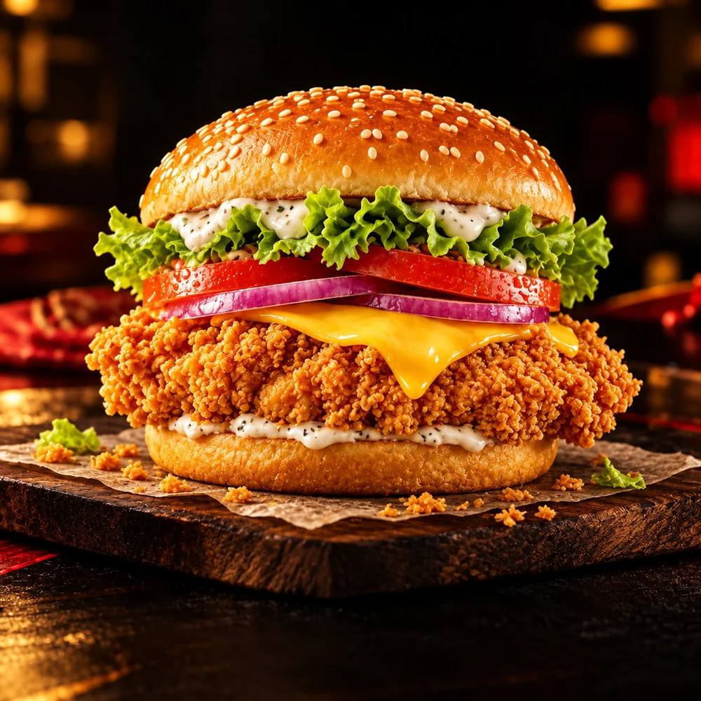 Crispy chicken burger with melted cheese